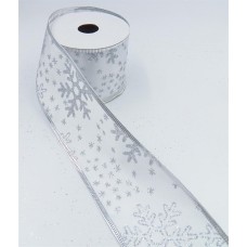 2.5 Inch Wired Christmas Ribbon with Silver Metallic Snowflakes on White Satin, 2-1/2 In. X 10 Yds (Lot of 1 Spool) SALE ITEM